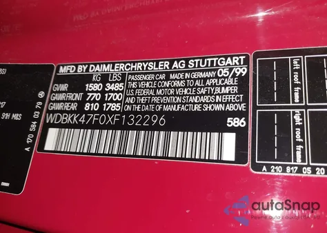 1999 Mercedes-Benz Slk 230 Kompressor z USA, uszkodzony, nr VIN WDBKK47F0XF132296